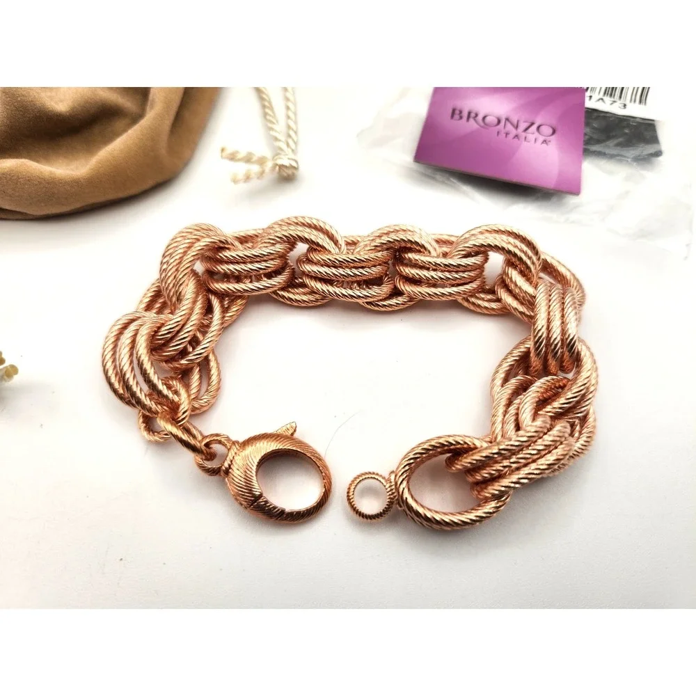 Milor Italy Bronze Rose Gold Luxury Triple Link Textured Chain Bracelet NEW